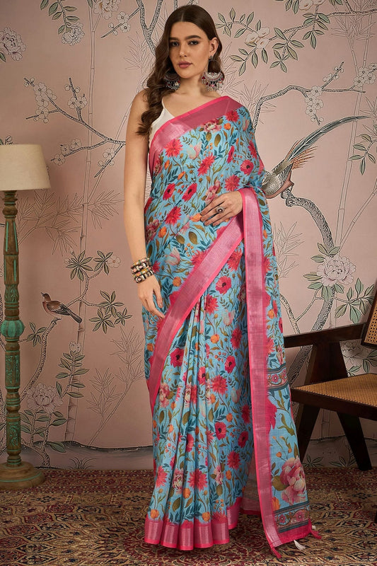 Sky Blue Linen Blend Printed Saree NCSD11111830