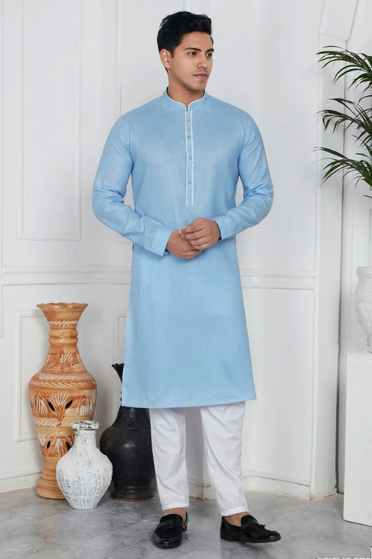 Sky Blue Linen Cotton Pintex Kurta Pajama NCKP12310243