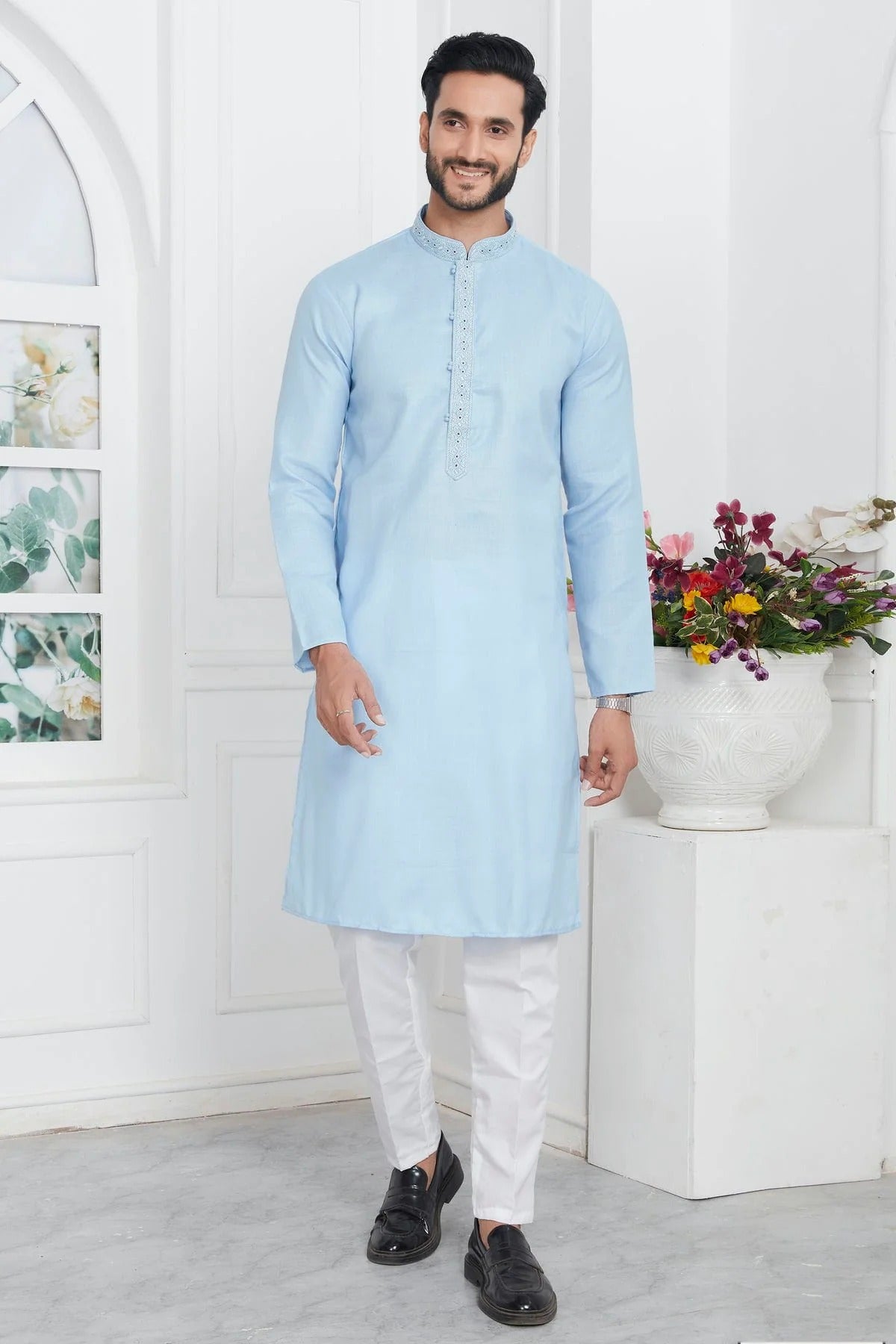 Sky Blue Linen Cotton Thread Kurta Pajama NCKP12310227