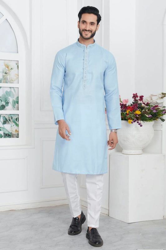 Sky Blue Linen Cotton Thread Kurta Pajama NCKP12310227