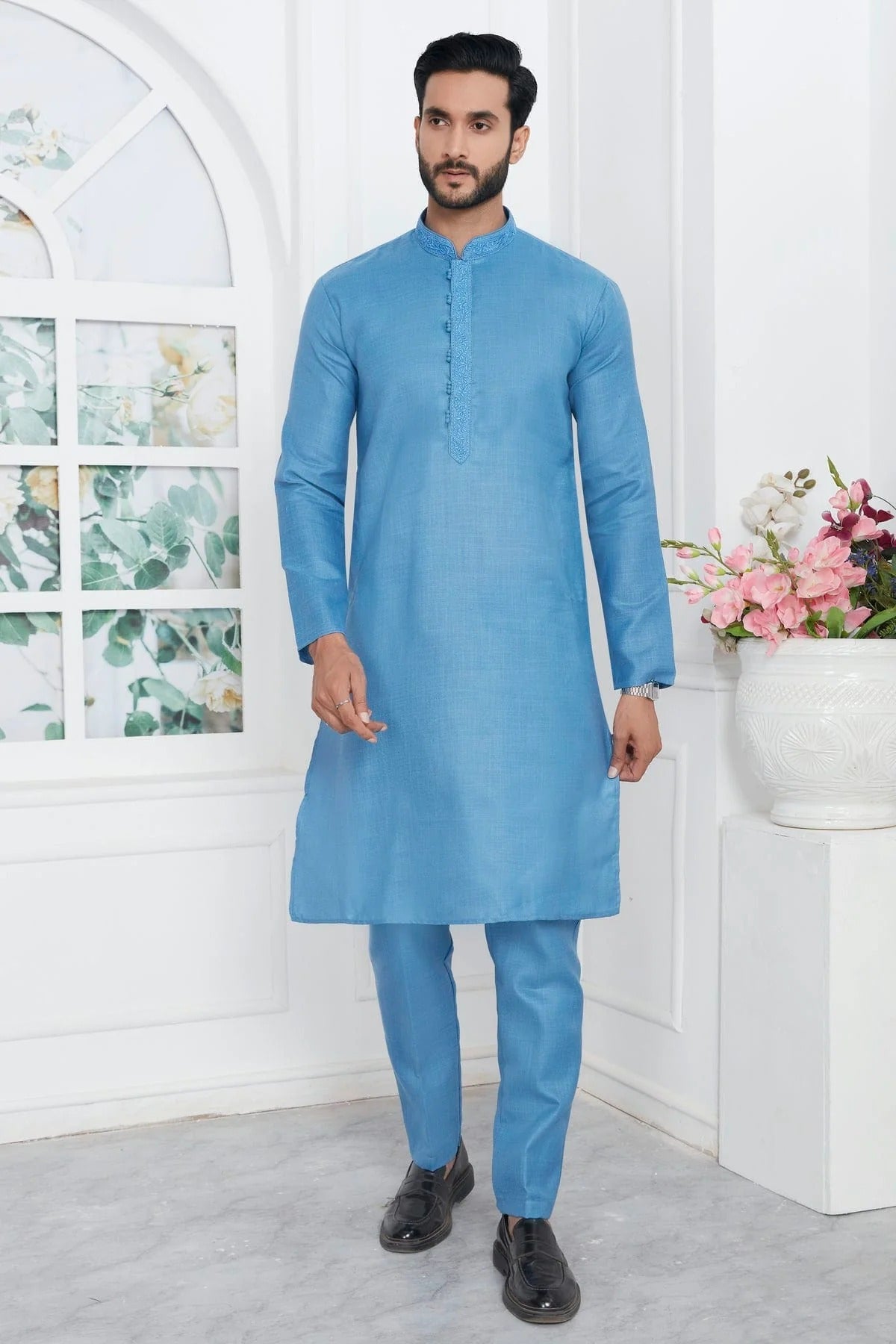 Sky Blue Linen Cotton Thread Kurta Pajama NCKP12310236