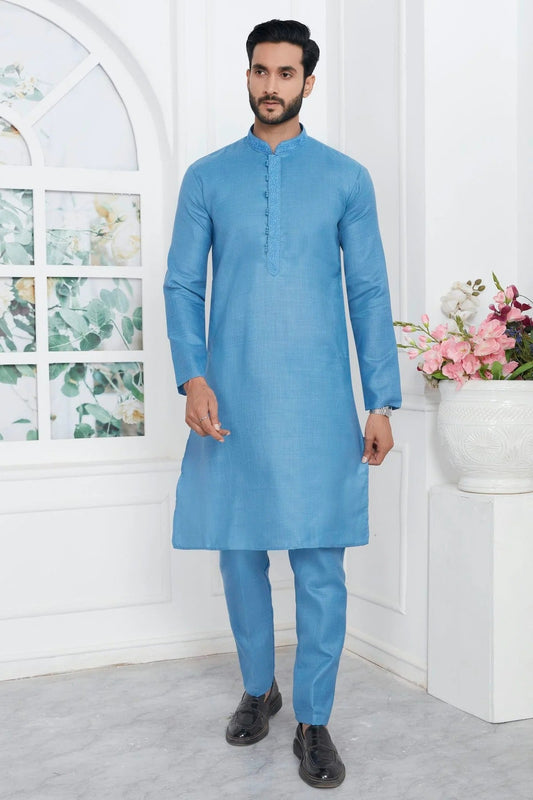 Sky Blue Linen Cotton Thread Kurta Pajama NCKP12310236