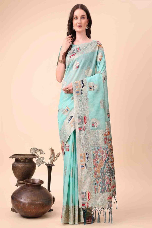 Sky Blue Linen Cotton Woven Traditional Sarees  NCSD11110272