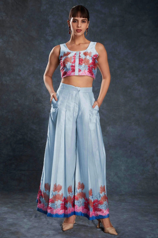 Sky Blue Linen Satin Co-Ord Set NCTP10810129