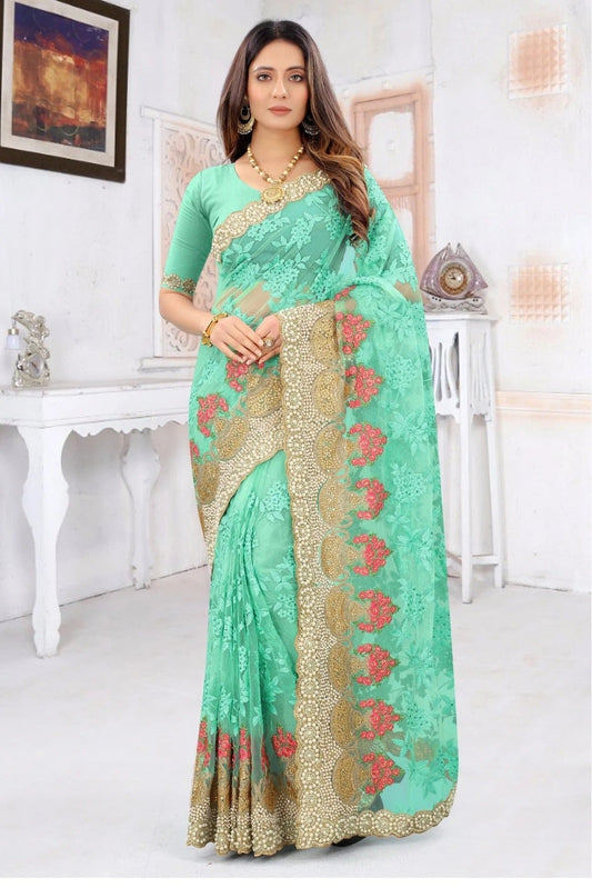 Sky Blue Net Embroidery Saree NCSD10910590