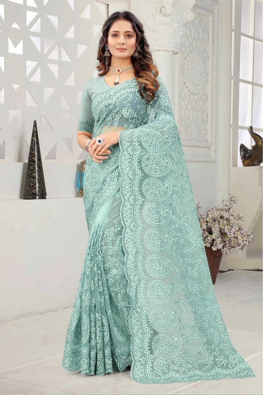 Sky Blue Net Embroidery Saree NCSD10910593