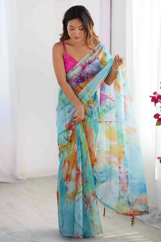 Sky Blue Organza Printed Saree NCSD11110123