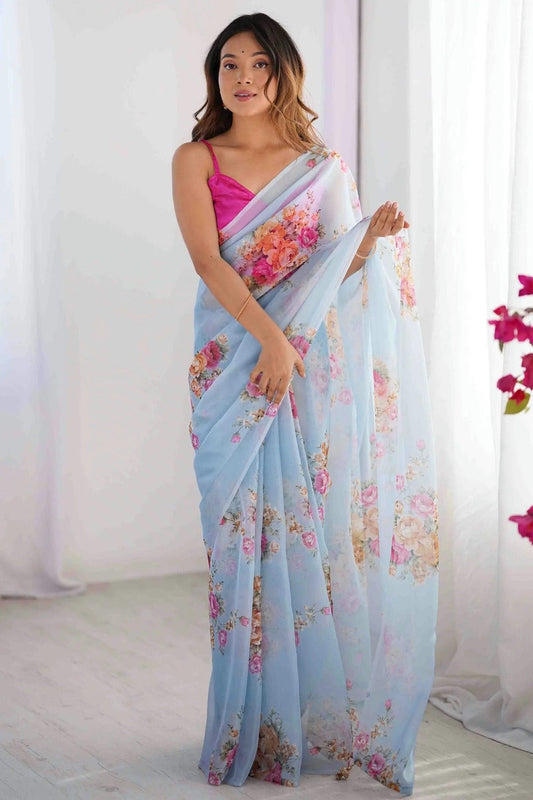 Sky Blue Organza Printed Saree NCSD11110125