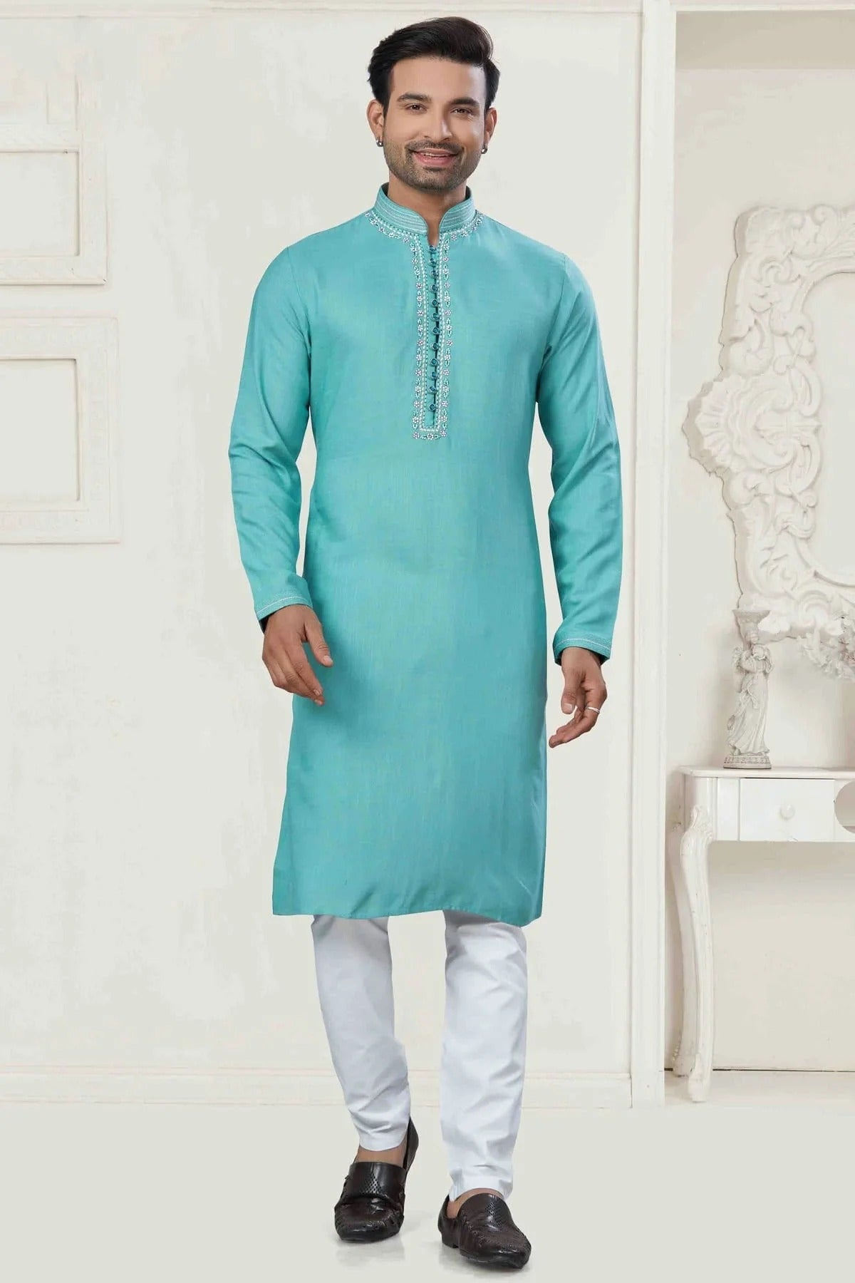 Sky Blue Pintex and Embroidery Cotton Kurta Pajama NCKP11110557