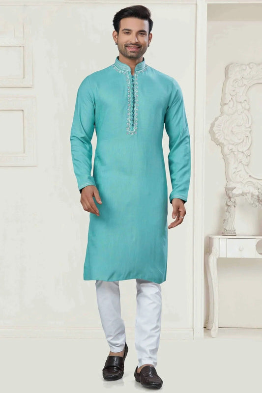 Sky Blue Pintex and Embroidery Cotton Kurta Pajama NCKP11110557
