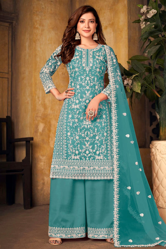 Sky Blue Plazoo Pant SuitNet Semi Stitched  NCSM10510238