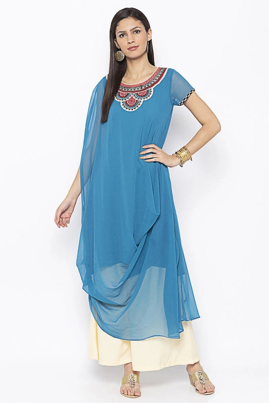 Sky Blue Plus Size Georgette Embroidery Kurta Set NCKR10710408