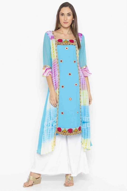 Sky Blue Plus Size Georgette Embroidery Kurti NCKR10710107