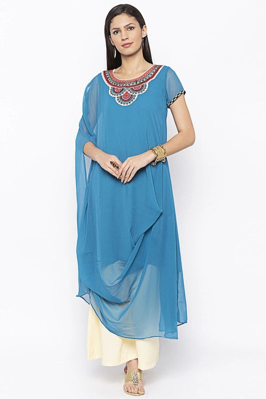 Sky Blue Plus Size Georgette Embroidery Kurti NCKR10710380