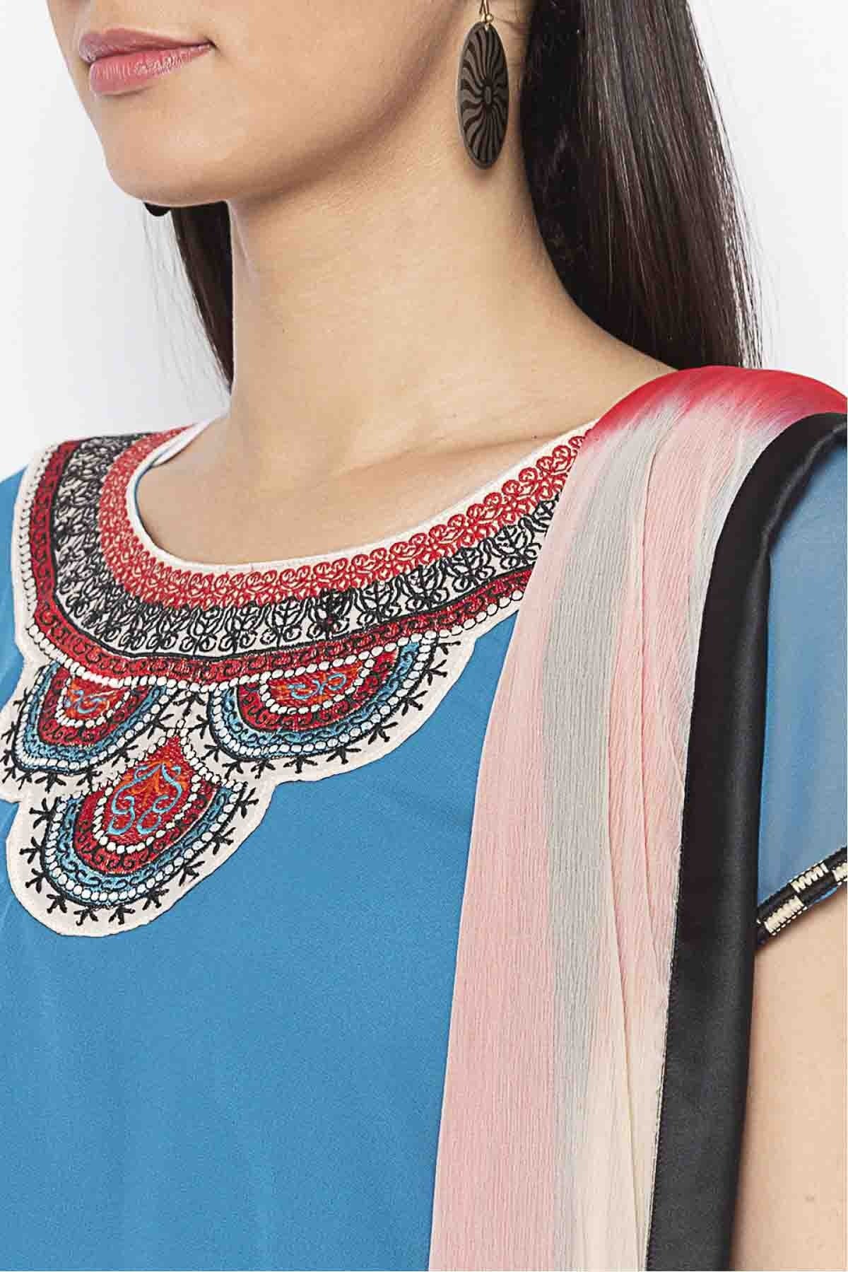 Sky Blue Plus Size Georgette Embroidery Palazzo Pant Suit NCSS10710626