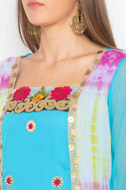 Sky Blue Plus Size Stitched Georgette Embroidery Palazzo Pant Suit NCSS10710513