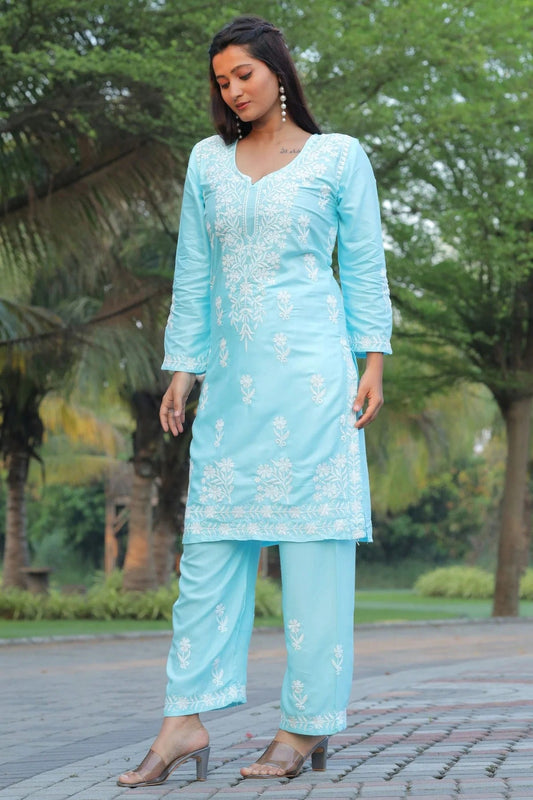 Sky Blue Rayon Kurta And Pant Set  NCKR11112039