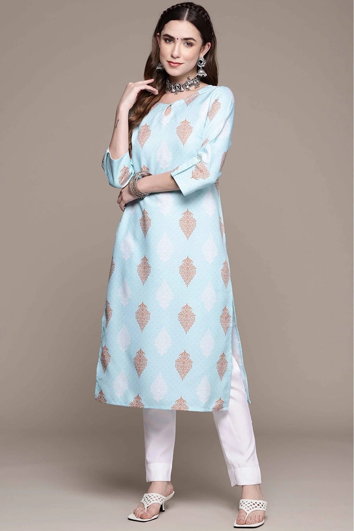 Sky Blue Rayon Printed Kurta With Pant NCKR10610161