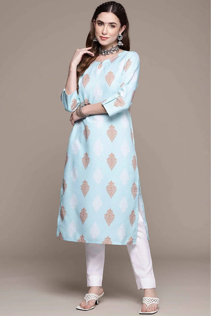 Sky Blue Rayon Printed Kurta With Pant NCKR10610161