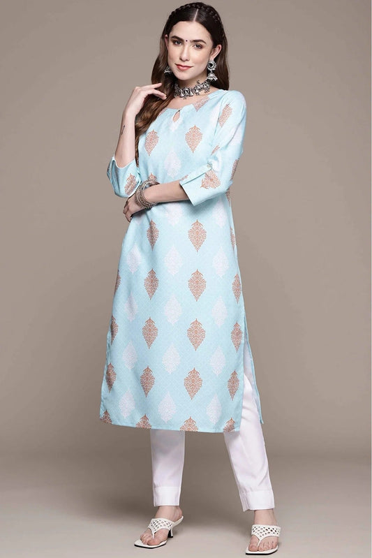Sky Blue Rayon Printed Kurta With Pant NCKR10610161