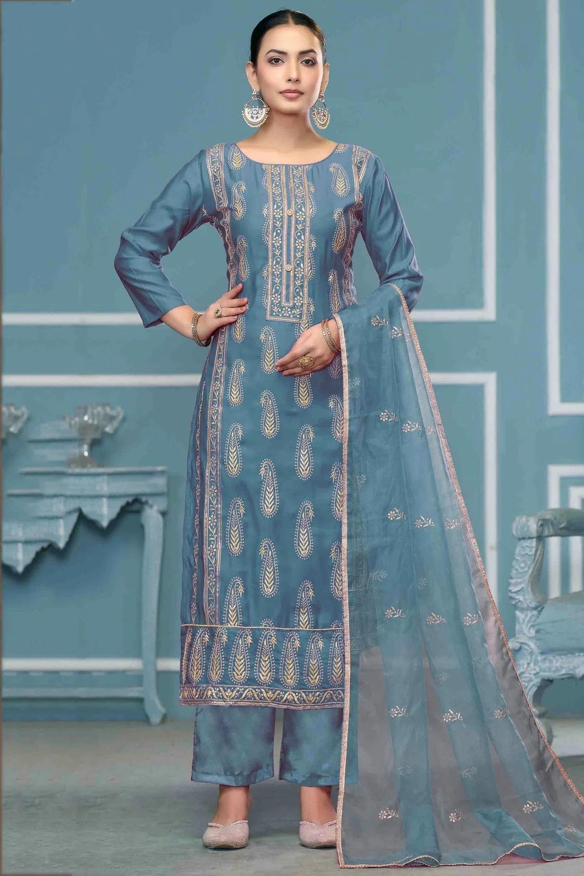 Sky Blue Roman Cotton Pant Style Suit NCSM11110739