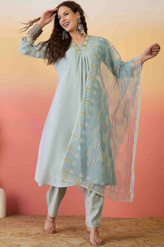 Sky Blue Roman Silk Stitched Pant Style Suit NCSS11110175