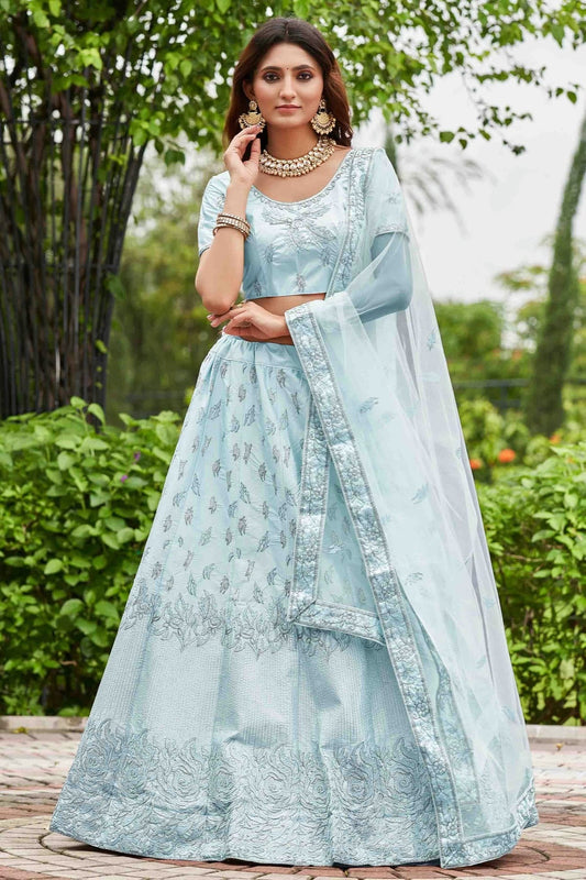 Sky Blue Satin Silk Semi Stitched Lehenga Choli NCLC11710123