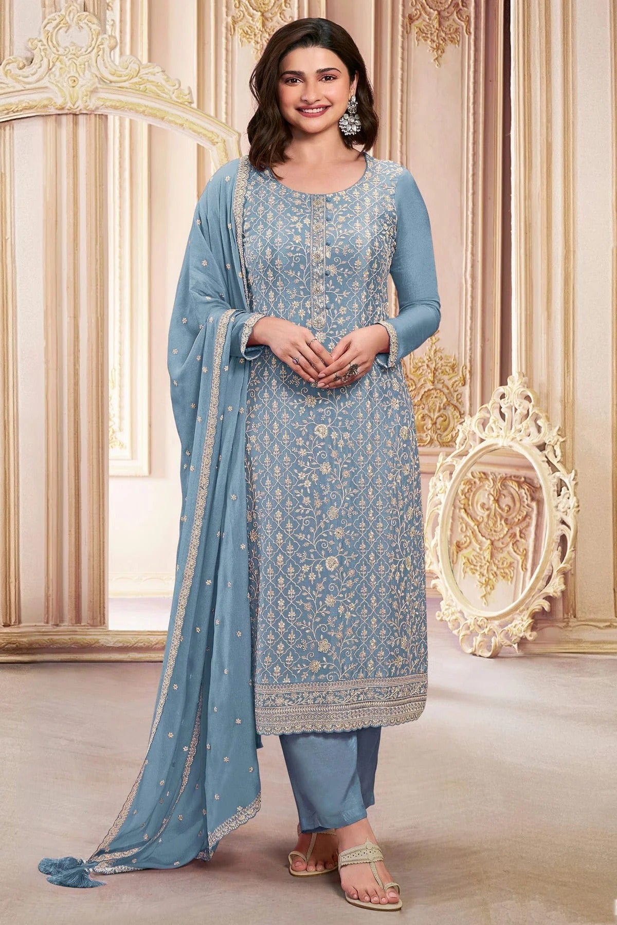 Sky Blue Semi Stitched Faux Georgette Pant Style Suit NCSM11410472