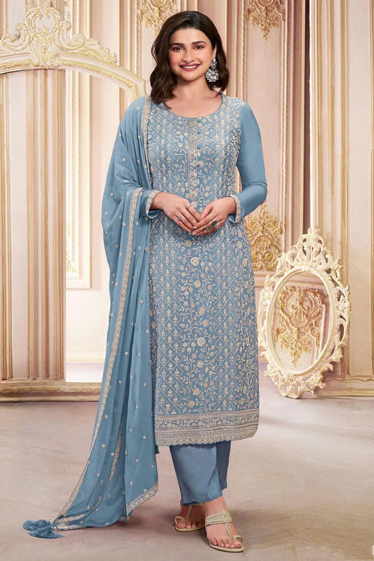 Sky Blue Semi Stitched Faux Georgette Pant Style Suit NCSM11410472