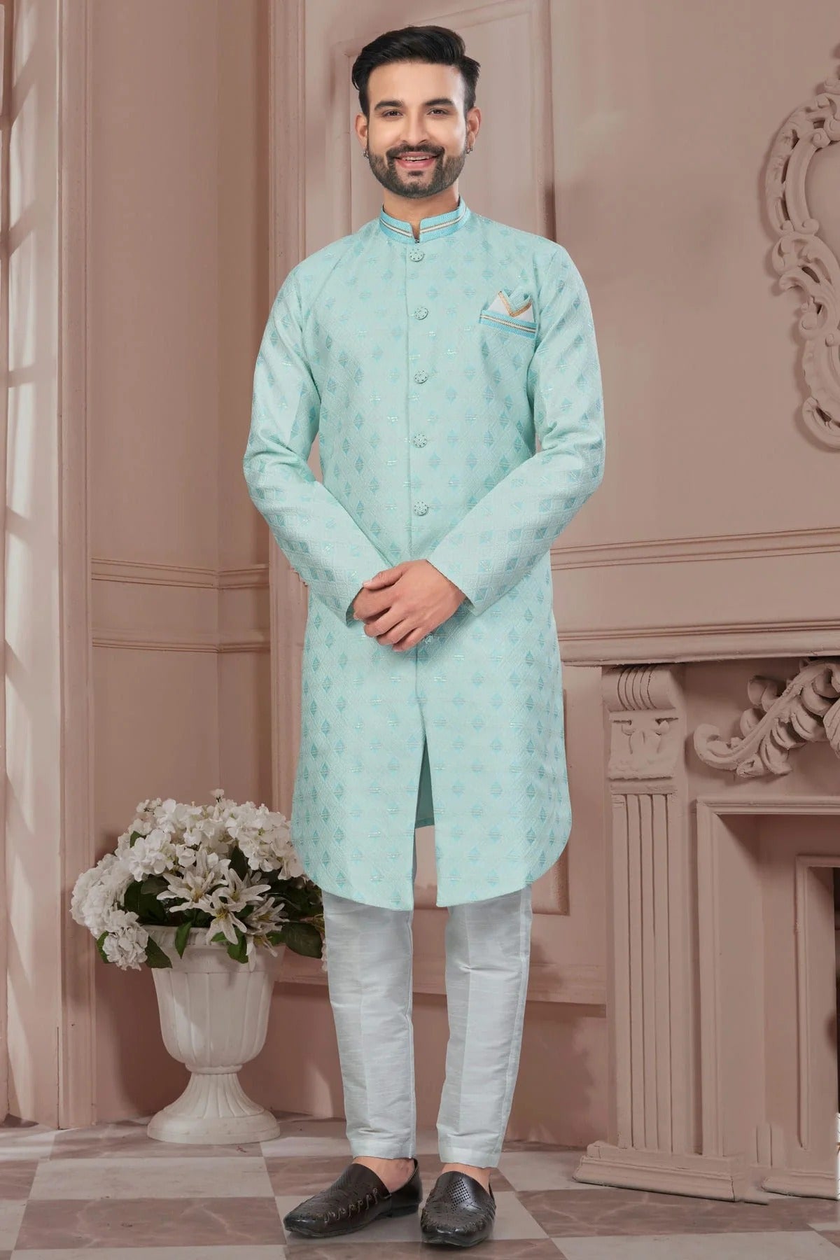 Sky Blue Silk Dupion Sherwani NCSH10410186
