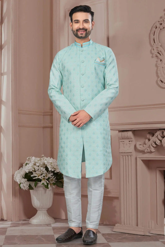 Sky Blue Silk Dupion Sherwani NCSH10410186