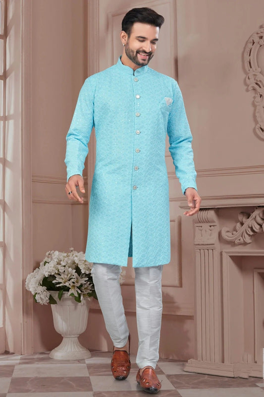 Sky Blue Silk Dupion Sherwani NCSH10410196