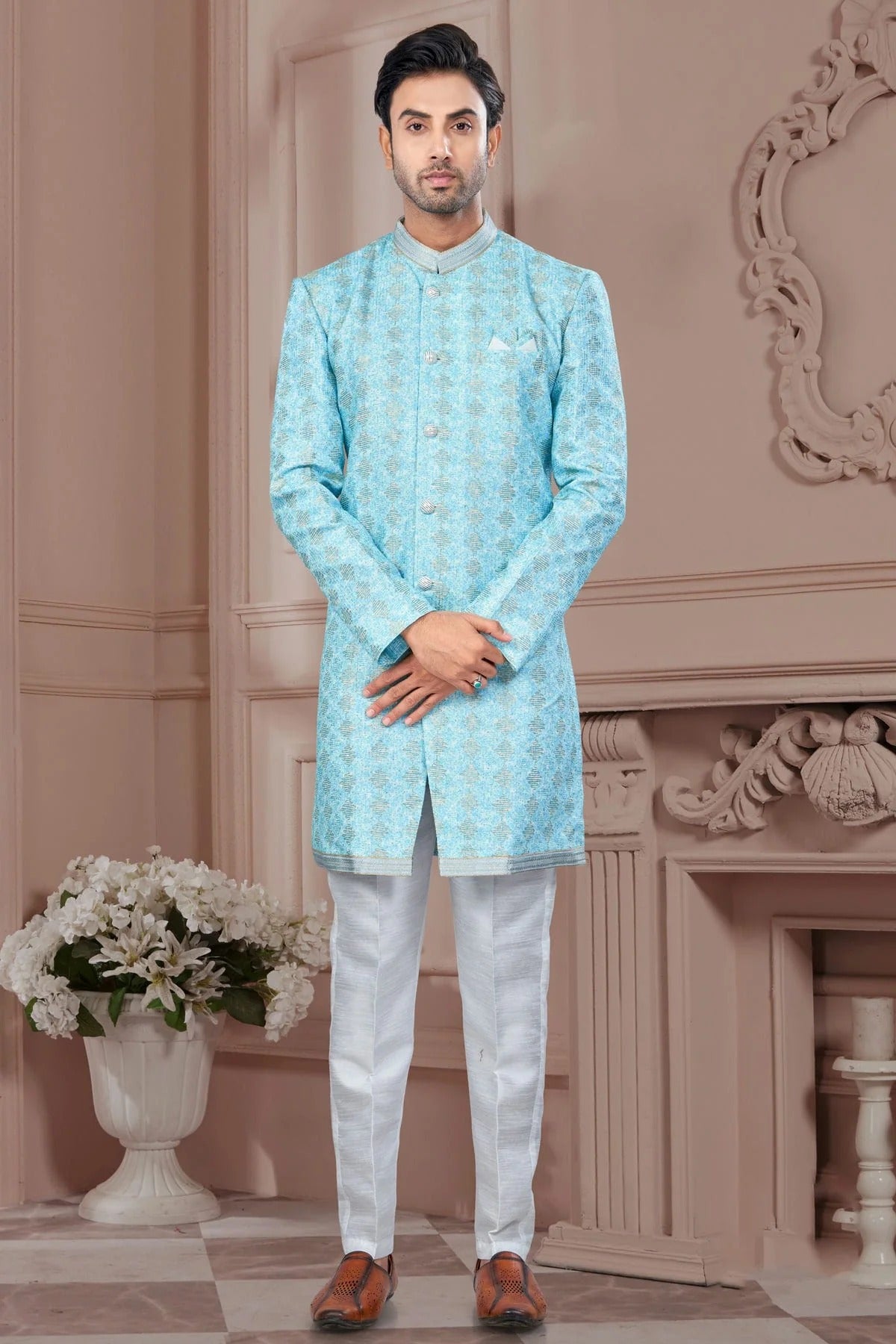 Sky Blue Silk Dupion Sherwani NCSH10410210