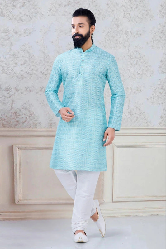 Sky Blue Silk Festival Wear Kurta Pajama NCKP11310131