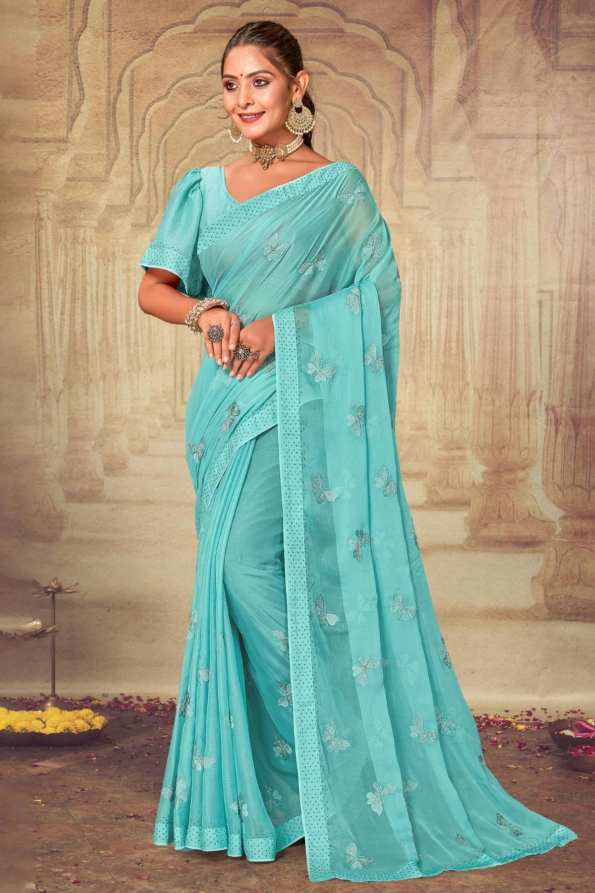 Sky Blue Soft Silk Chiffon Designer Saree NCLC11210329