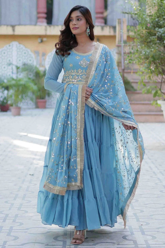 Sky Blue Stitched Georgette Gown NCGW11111007