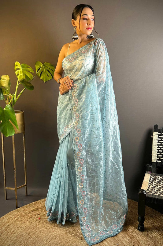 Sky Blue Twill Net Designer Saree NCSD11111683