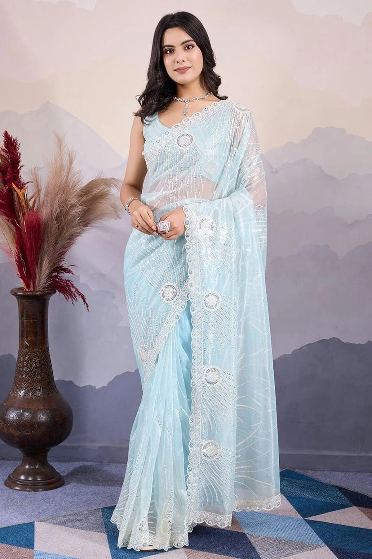Sky Blue Twill Net Embroidery Saree NCSD12910207