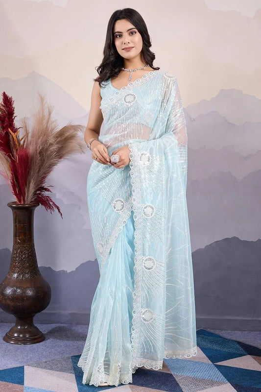 Sky Blue Twill Net Embroidery Saree NCSD12910207