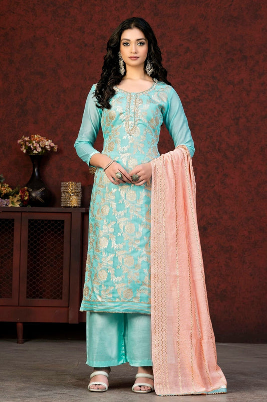 Sky Blue Unstitched Banarasi Jacquard Straight Suit NCUS11610371