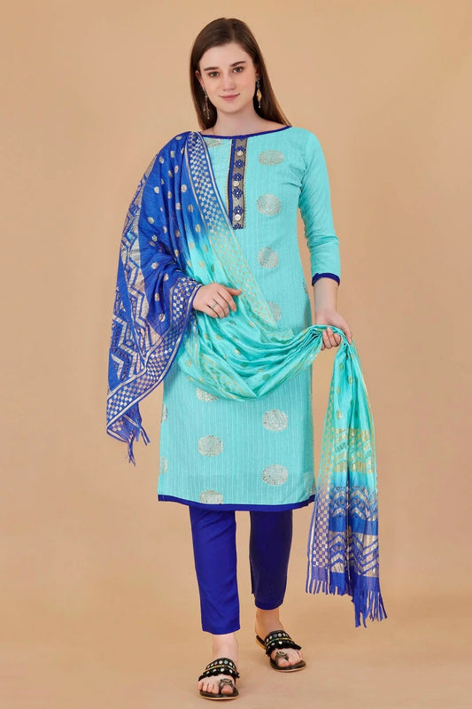 Sky Blue Unstitched Cotton Jacquard Straight Suit NCUS11610374
