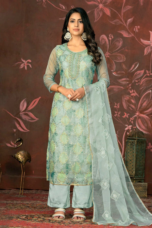 Sky Blue Unstitched Pure Organza Straight Suit NCUS11610116