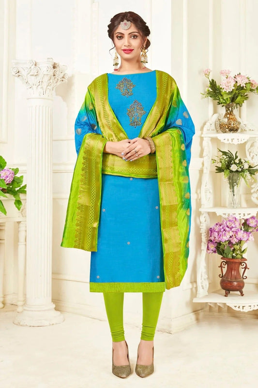 Sky Blue Unstitched South Slub Cotton Straight Suit NCUS11610229