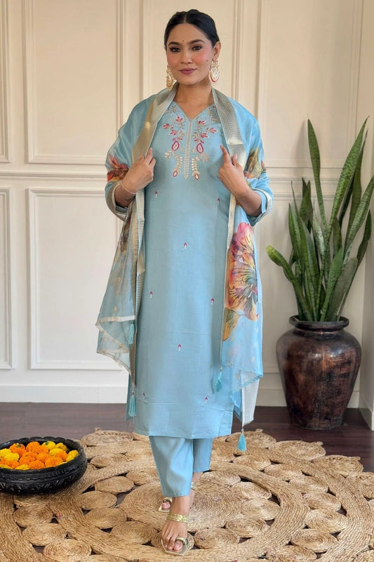 Sky Blue Viscose Chanderi Stitched Salwar Suit NCSS11111574