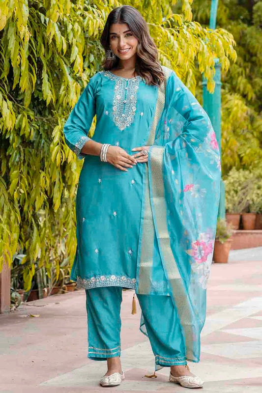 Sky Blue Viscose Roman Silk Stitched Pant Style Suit NCSS11110183