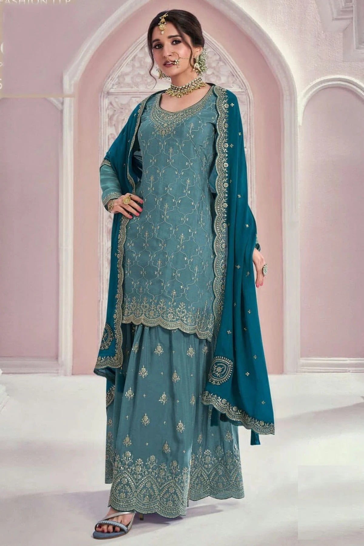 Slate Blue Chinon Palazzo Pant Suit NCSM11410372