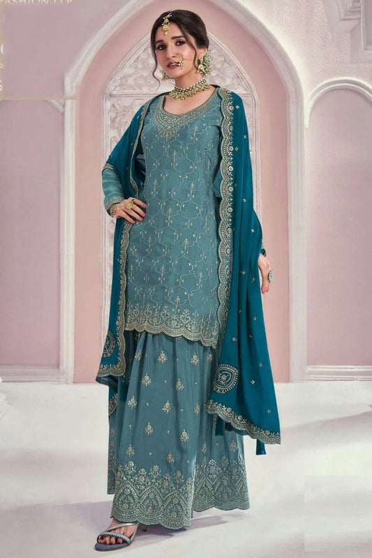 Slate Blue Chinon Palazzo Pant Suit NCSM11410372