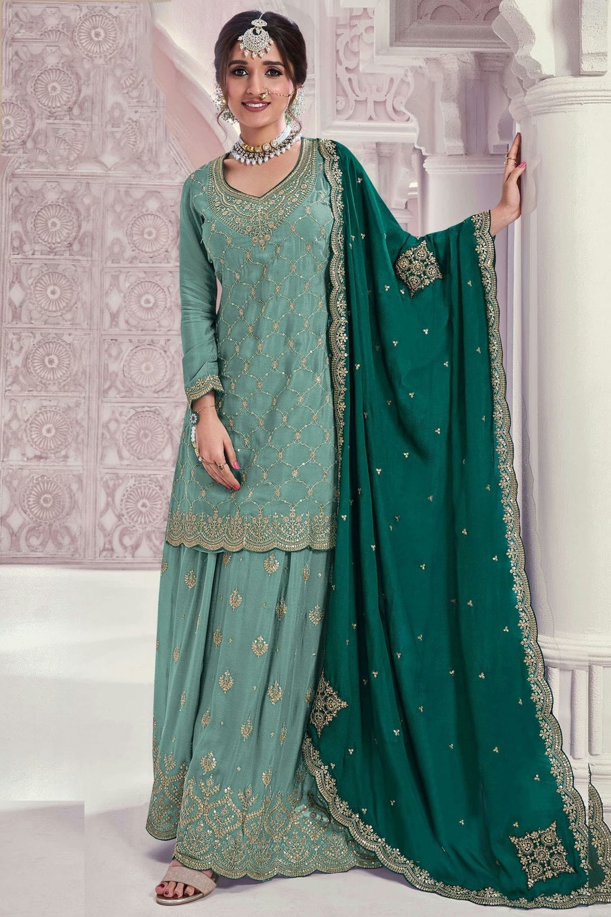 Slate Blue Chinon Palazzo Pant Suit NCSM11410375