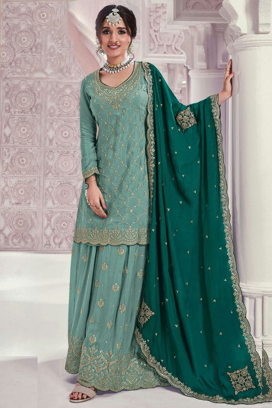 Slate Blue Chinon Palazzo Pant Suit NCSM11410375