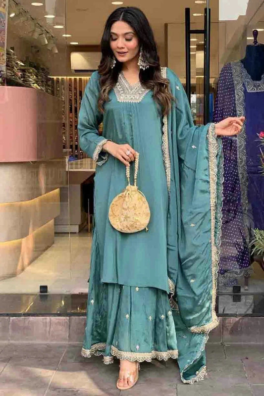 Slate Blue Chinon Stitched Palazzo Pant Suit NCSS11410298